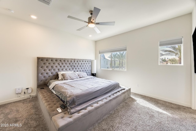 bedroom with carpet, visible vents, baseboards, and recessed lighting