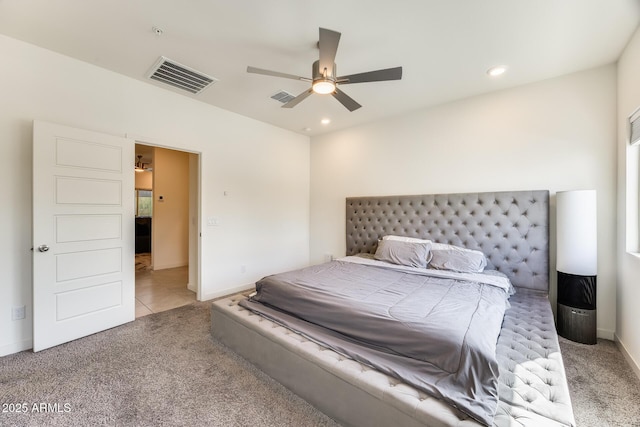 carpeted bedroom with baseboards, visible vents, ceiling fan, and recessed lighting