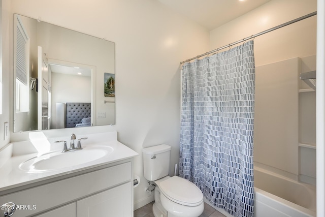 bathroom with vanity, toilet, and shower / bathtub combination with curtain