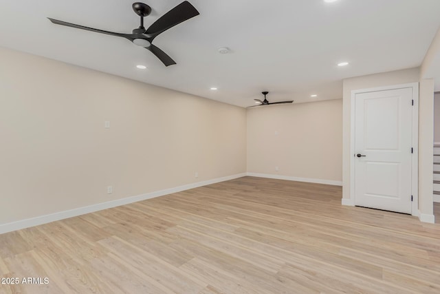 interior space with ceiling fan and light hardwood / wood-style floors