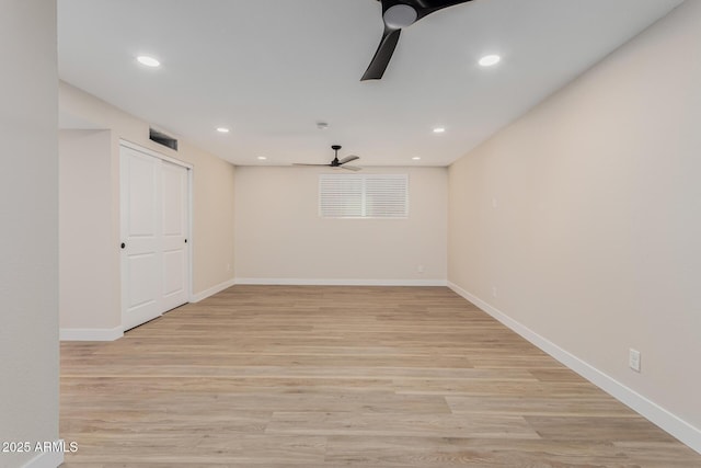 empty room featuring ceiling fan and light hardwood / wood-style flooring