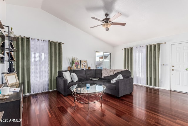 8566 N 108th Ln, Peoria, AZ 85345 - living room featuring vaulted ceiling, wood finished floors, and a ceiling fan