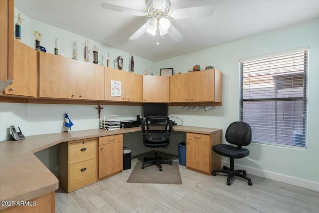 office space with ceiling fan and built in desk