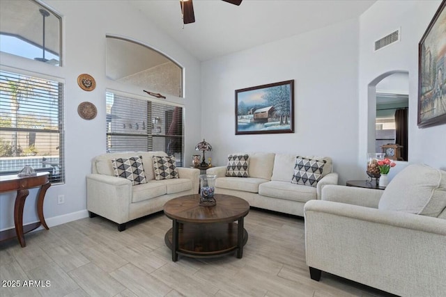 living room with ceiling fan