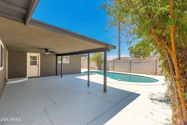 view of swimming pool featuring a patio area and ceiling fan