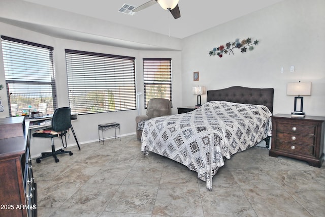 bedroom with a ceiling fan, baseboards, and visible vents