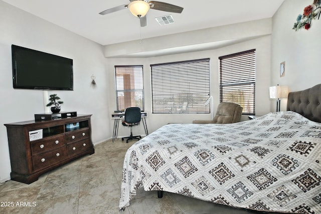 bedroom featuring visible vents and ceiling fan