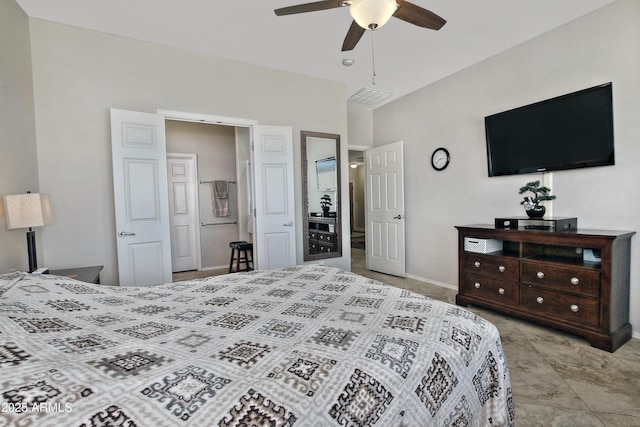 bedroom with visible vents, ceiling fan, and baseboards