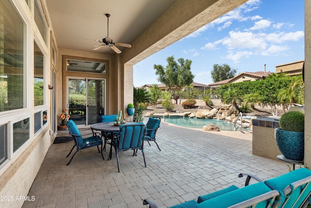 12976 W Plum Rd, Peoria, AZ 85383 - view of patio with fence, ceiling fan, outdoor dining space, and an outdoor pool