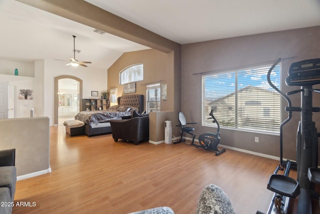 workout room featuring vaulted ceiling, ceiling fan, and light wood-type flooring