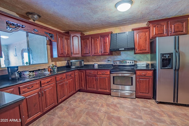 kitchen with decorative backsplash, stainless steel appliances, a textured ceiling, and wall chimney range hood