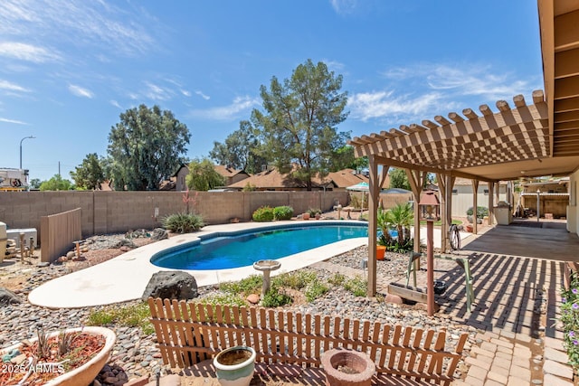 view of swimming pool featuring a fenced in pool, a pergola, a fenced backyard, and a patio