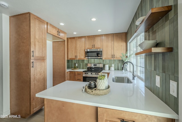 kitchen featuring appliances with stainless steel finishes, sink, kitchen peninsula, and decorative backsplash