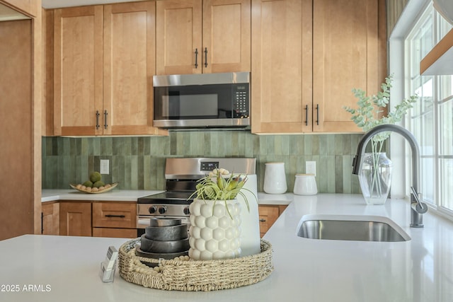 kitchen with appliances with stainless steel finishes, sink, a wealth of natural light, and decorative backsplash