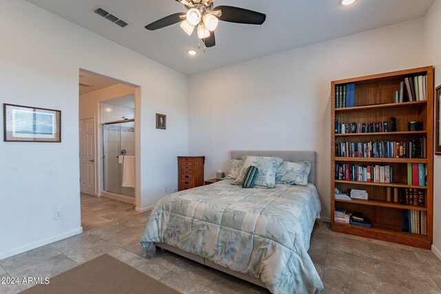 bedroom featuring ceiling fan and ensuite bathroom