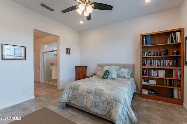 bedroom with recessed lighting, visible vents, baseboards, and ceiling fan