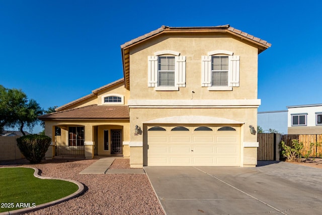 1918 E Megan St, Gilbert, AZ 85295 - mediterranean / spanish-style home with stucco siding, concrete driveway, a garage, a tile roof, and a porch