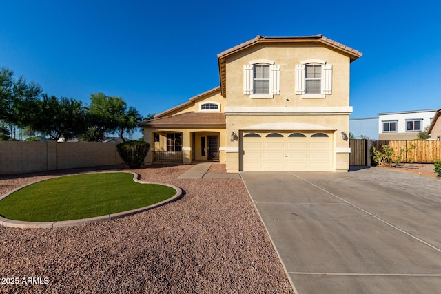1918 E Megan St, Gilbert, AZ 85295 - mediterranean / spanish home with driveway, an attached garage, stucco siding, and a tiled roof