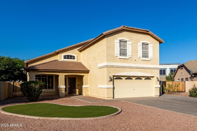 1918 E Megan St, Gilbert, AZ 85295 - mediterranean / spanish house with driveway, a garage, stucco siding, and a tiled roof