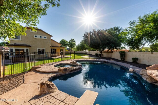 1918 E Megan St, Gilbert, AZ 85295 - view of pool featuring a fenced backyard, a pool with connected hot tub, and a patio area