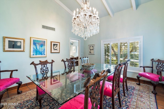 84 Biltmore Est, Phoenix, AZ 85016 - dining area featuring high vaulted ceiling, visible vents, beamed ceiling, and wood finished floors