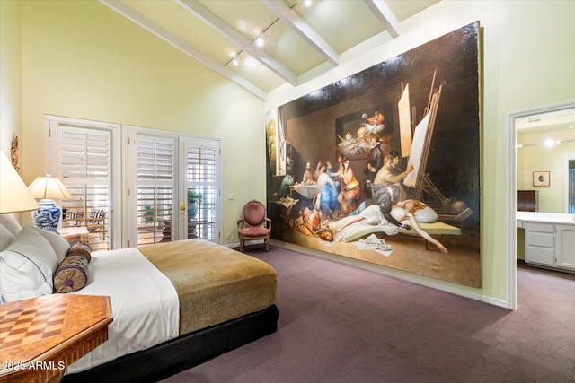 84 Biltmore Est, Phoenix, AZ 85016 - bedroom featuring access to outside, rail lighting, carpet floors, beamed ceiling, and high vaulted ceiling