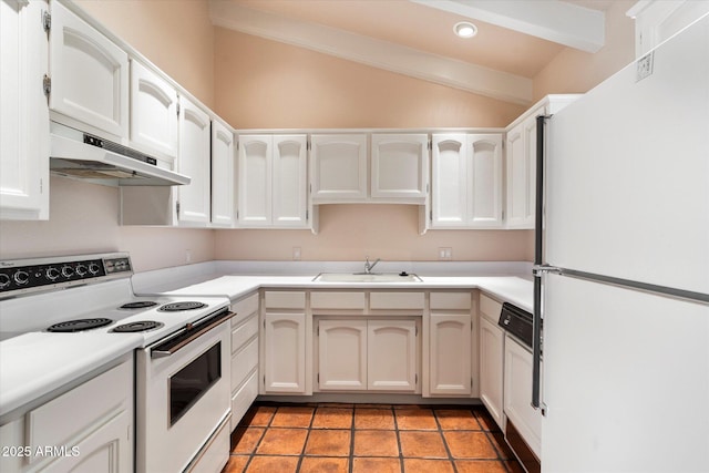 84 Biltmore Est, Phoenix, AZ 85016 - kitchen with a sink, light countertops, white appliances, under cabinet range hood, and vaulted ceiling with beams