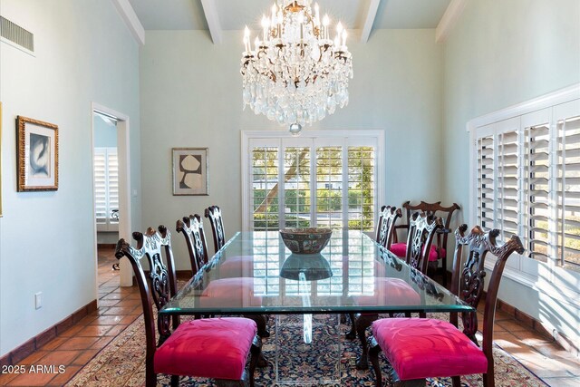 84 Biltmore Est, Phoenix, AZ 85016 - tiled dining area with a towering ceiling, baseboards, a chandelier, visible vents, and beam ceiling