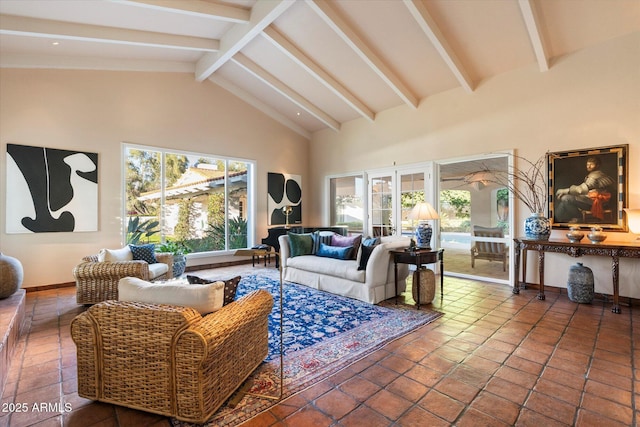 84 Biltmore Est, Phoenix, AZ 85016 - living area with beam ceiling, baseboards, and high vaulted ceiling