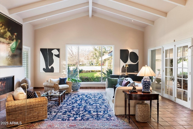 84 Biltmore Est, Phoenix, AZ 85016 - living room with a warm lit fireplace, high vaulted ceiling, tile patterned flooring, and beam ceiling
