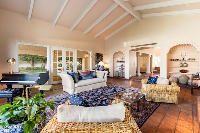 84 Biltmore Est, Phoenix, AZ 85016 - living room with arched walkways, beam ceiling, ornate columns, french doors, and high vaulted ceiling