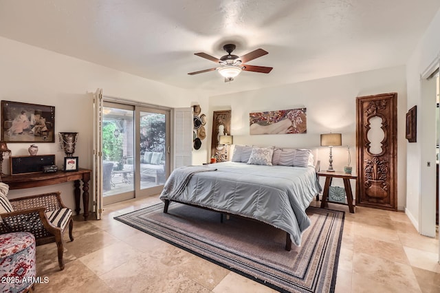 bedroom featuring a ceiling fan and access to outside