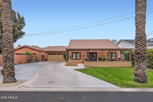 view of front facade featuring driveway, a garage, a tile roof, fence, and brick siding