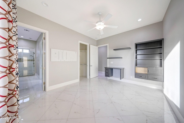 26204 S Washington St, Chandler, AZ 85249 - unfurnished bedroom with light marble finish floors, recessed lighting, ensuite bath, a walk in closet, and ceiling fan