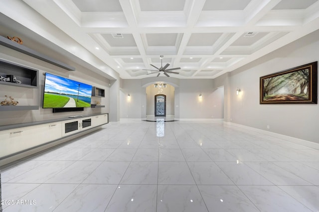 26204 S Washington St, Chandler, AZ 85249 - unfurnished living room featuring arched walkways, light marble finish floors, beamed ceiling, and coffered ceiling