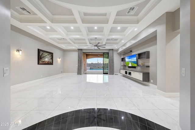 26204 S Washington St, Chandler, AZ 85249 - unfurnished living room featuring light marble finish floors, recessed lighting, beamed ceiling, a ceiling fan, and coffered ceiling