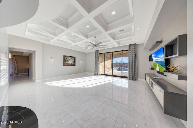 26204 S Washington St, Chandler, AZ 85249 - living area with light marble finish flooring, ceiling fan, beam ceiling, coffered ceiling, and recessed lighting