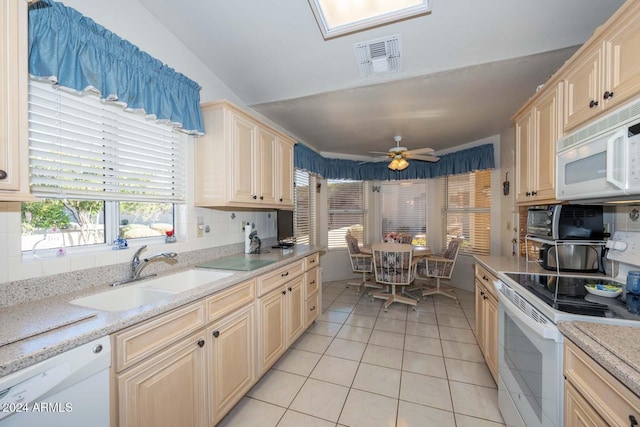 kitchen featuring backsplash, white appliances, ceiling fan, sink, and light tile patterned floors