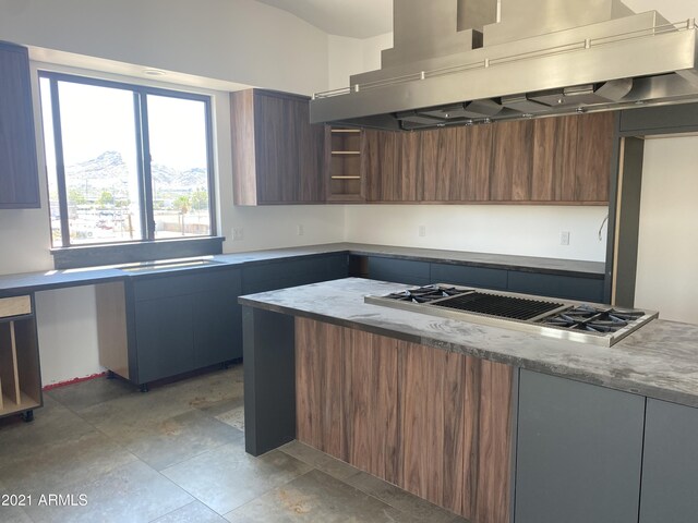 kitchen featuring stainless steel gas cooktop, extractor fan, and dark brown cabinetry