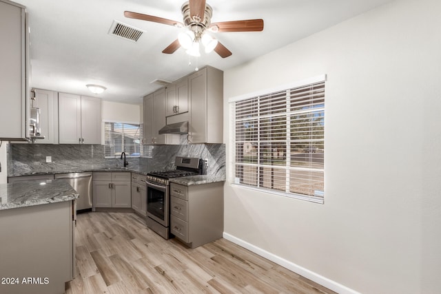 kitchen featuring gray cabinets, appliances with stainless steel finishes, light wood-type flooring, and tasteful backsplash