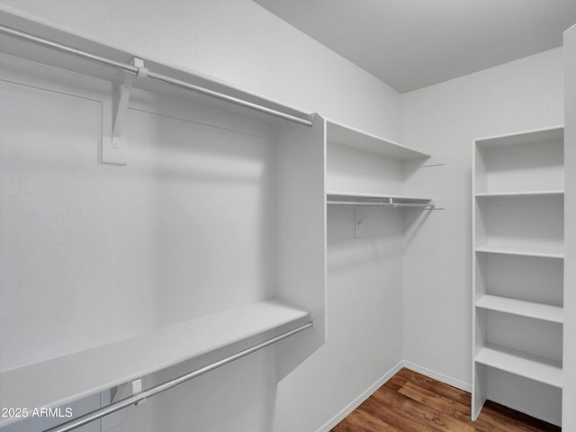 walk in closet with dark wood-style floors