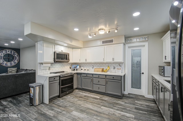 kitchen featuring appliances with stainless steel finishes, gray cabinets, dark wood finished floors, and tasteful backsplash