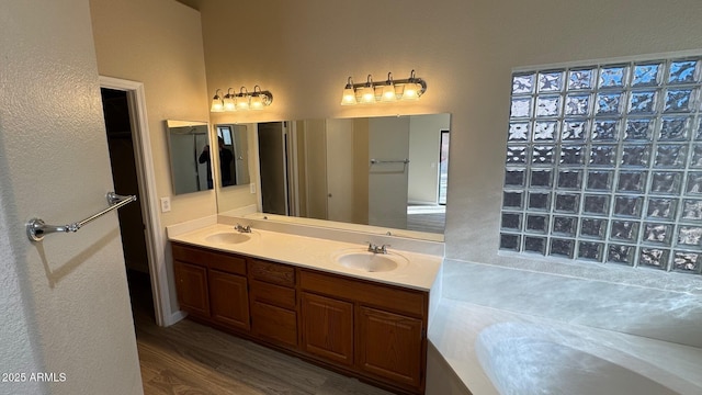 bathroom with hardwood / wood-style floors and vanity