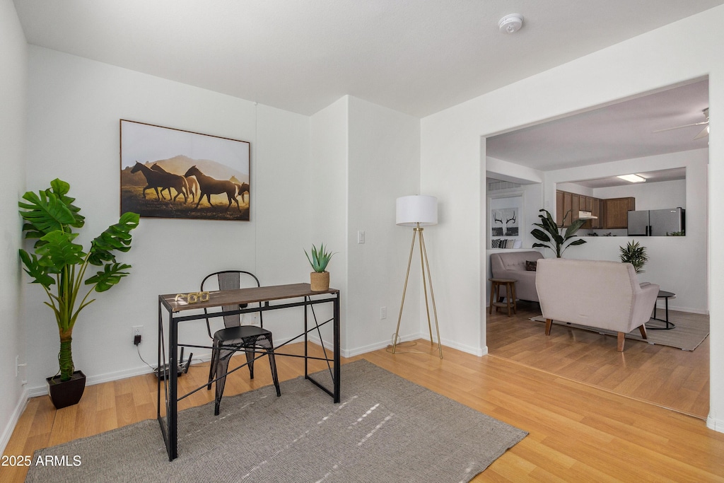 office space with hardwood / wood-style floors and ceiling fan