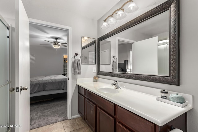 bathroom with vanity, tile patterned floors, and ceiling fan