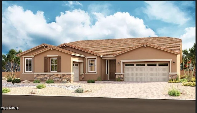 view of front facade featuring a tile roof, stucco siding, decorative driveway, stone siding, and an attached garage