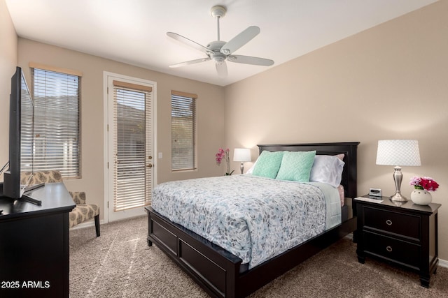 bedroom featuring access to outside, carpet, a ceiling fan, and baseboards