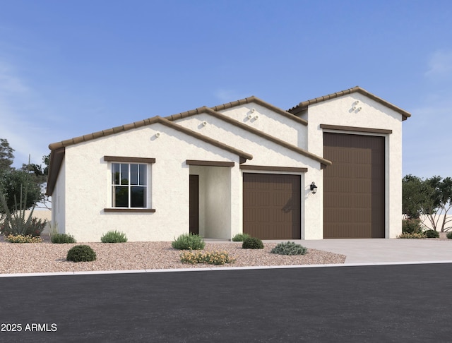 mediterranean / spanish-style house featuring a garage, driveway, a tiled roof, and stucco siding