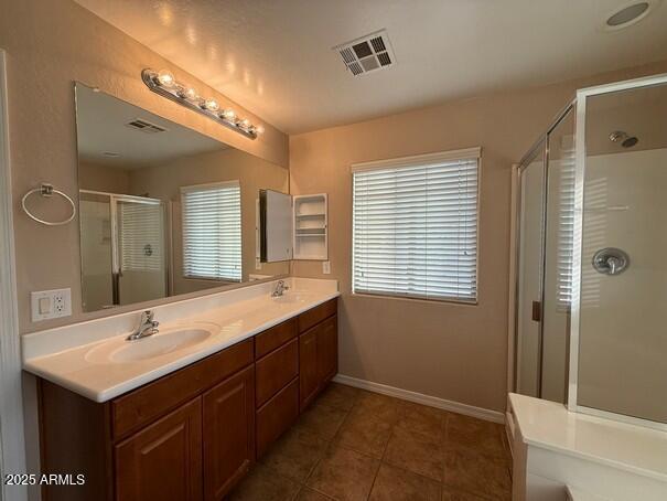 bathroom featuring vanity, a healthy amount of sunlight, tile patterned floors, and a shower with shower door