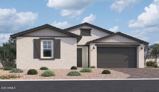 single story home featuring a garage, driveway, and stucco siding